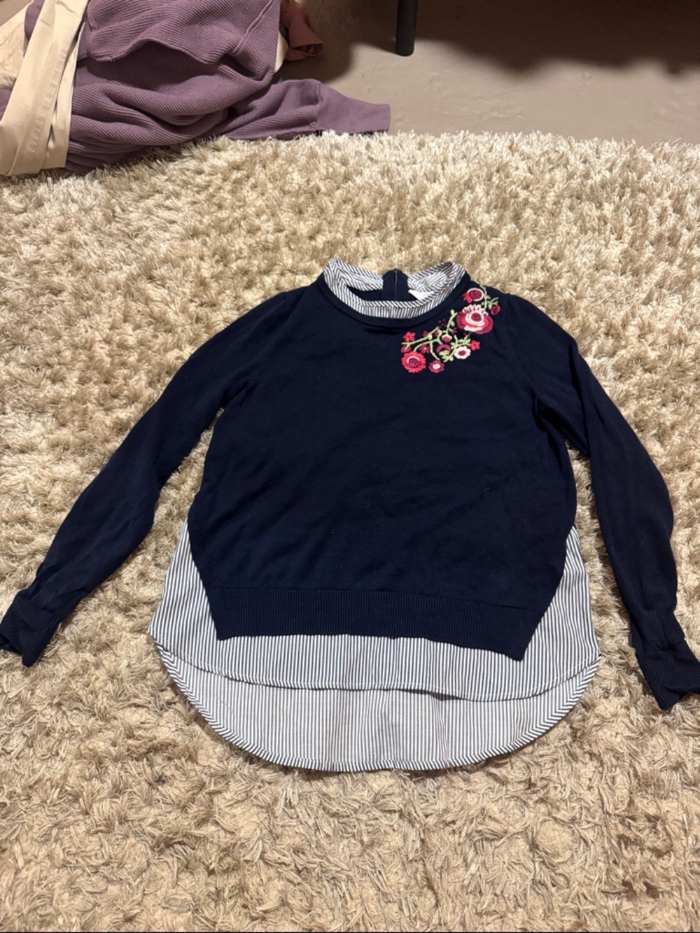 crown & ivy Navy Layered Sweater with Pink Floral Embroidery